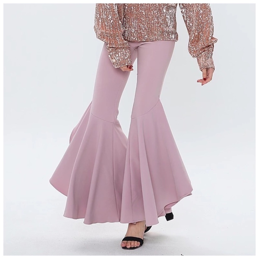 Blush Pink & Black Flared Leg Dramatic Stretch Pants - Picture 4 of 7